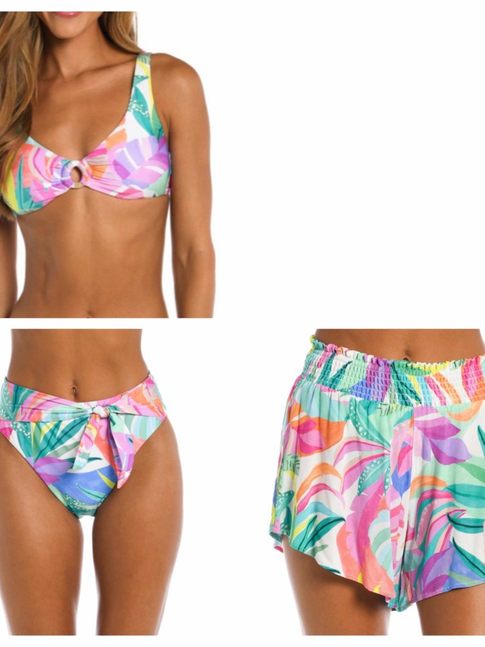 3pc Set - Colorful Tropical Bikini Top & High-Waist Bottoms with Cover-Up Shorts